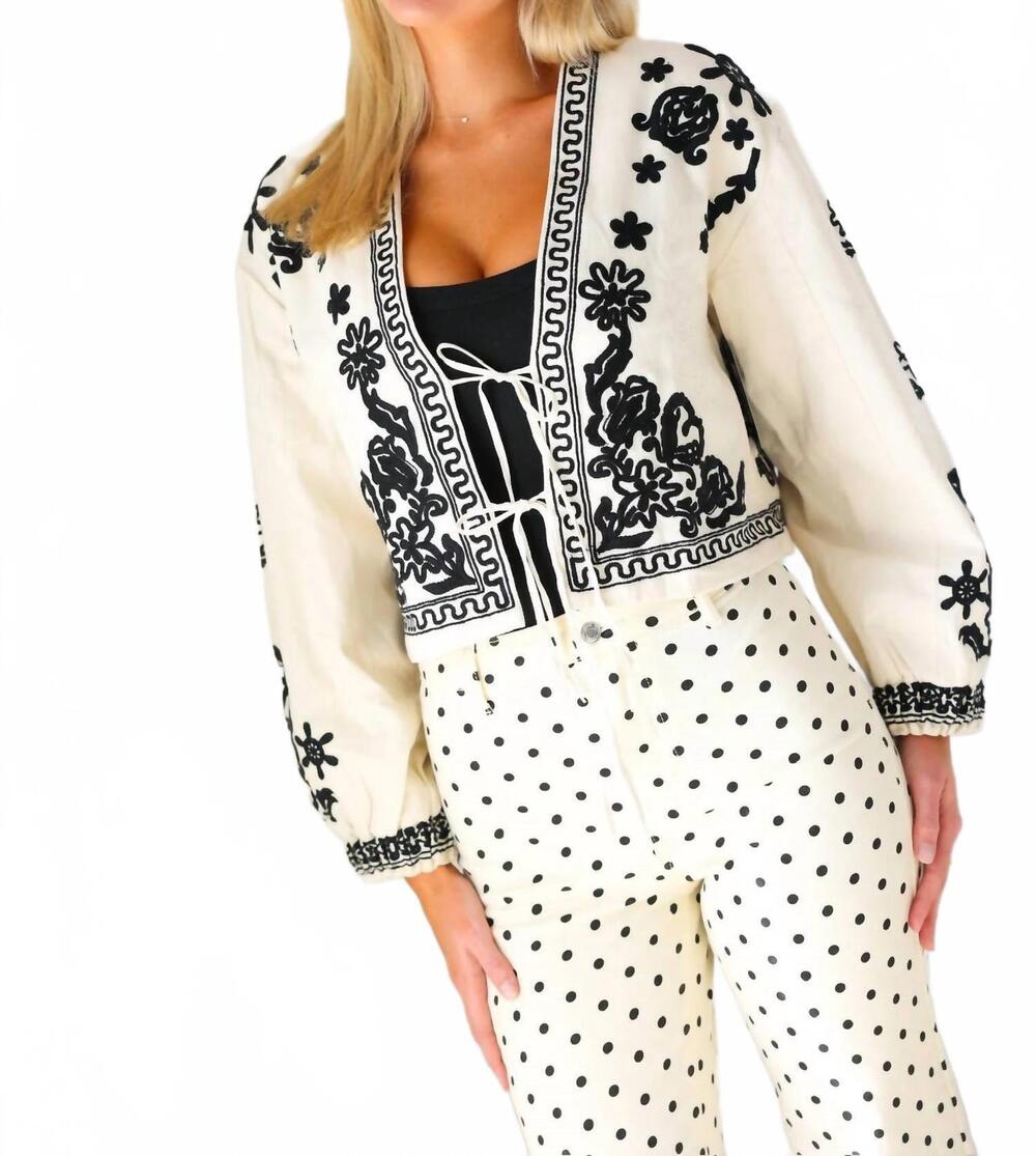 NEW ELAN embroidered tie front jacket in natural